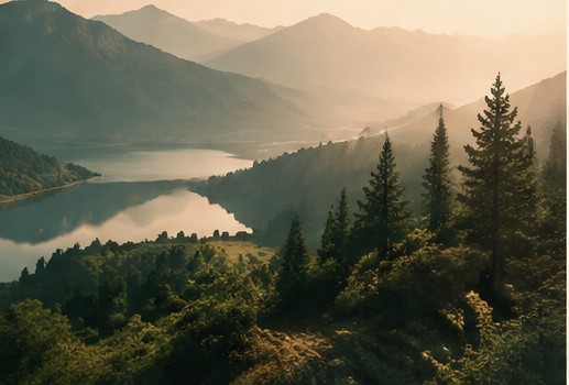 Sunlit lake and forested mountains framed by pines